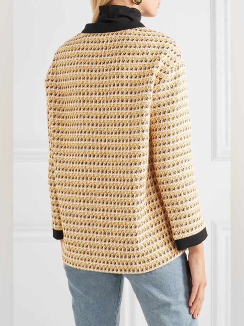 Maje Metallic Cotton Blend Tweed Jacket Button Front Pockets Black Yellow Trim - Picture 3 of 9